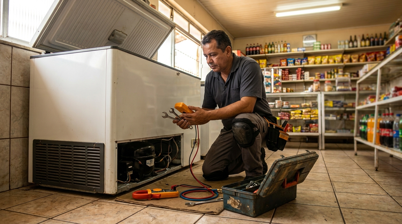 Técnico realizando manutenção de motor de freezer em Canoas‑RS