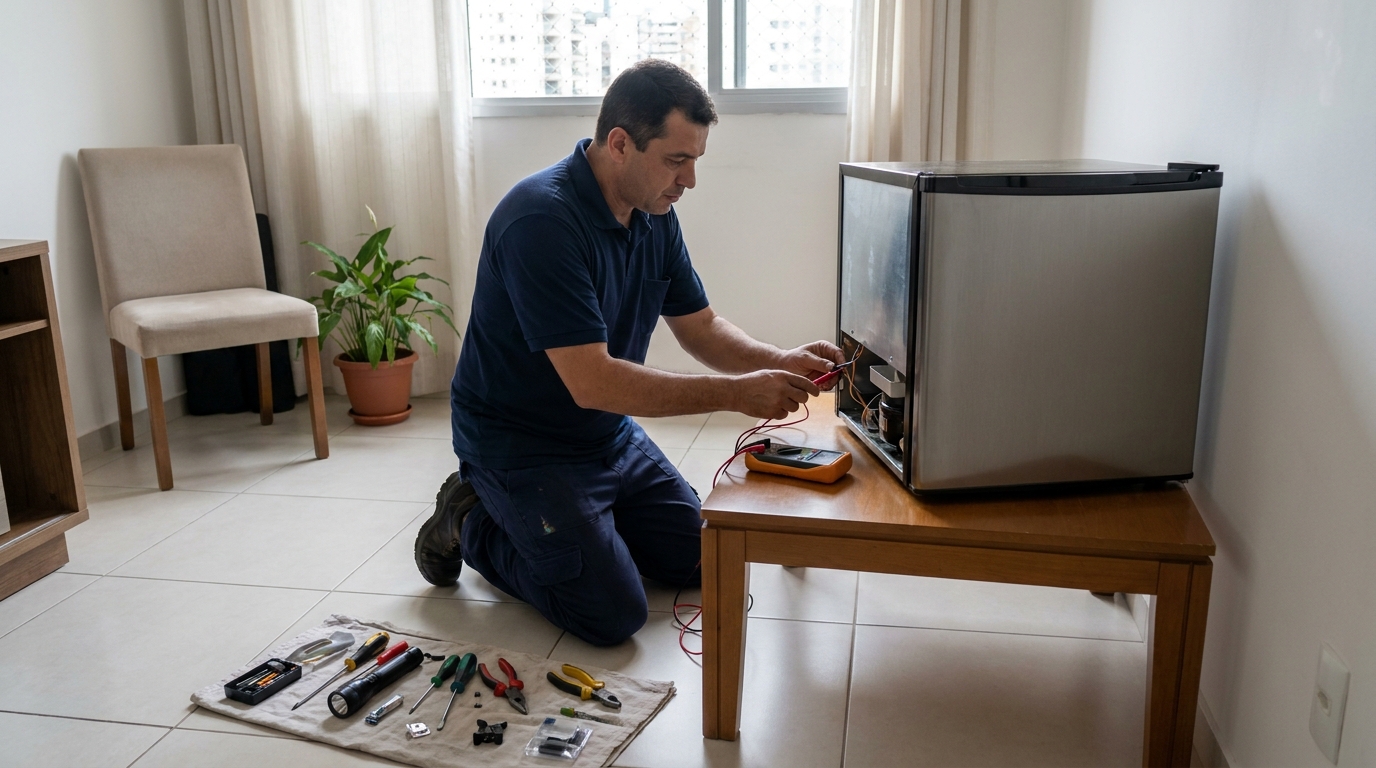 Técnico realizando manutenção de motor de frigobar em Canoas‑RS