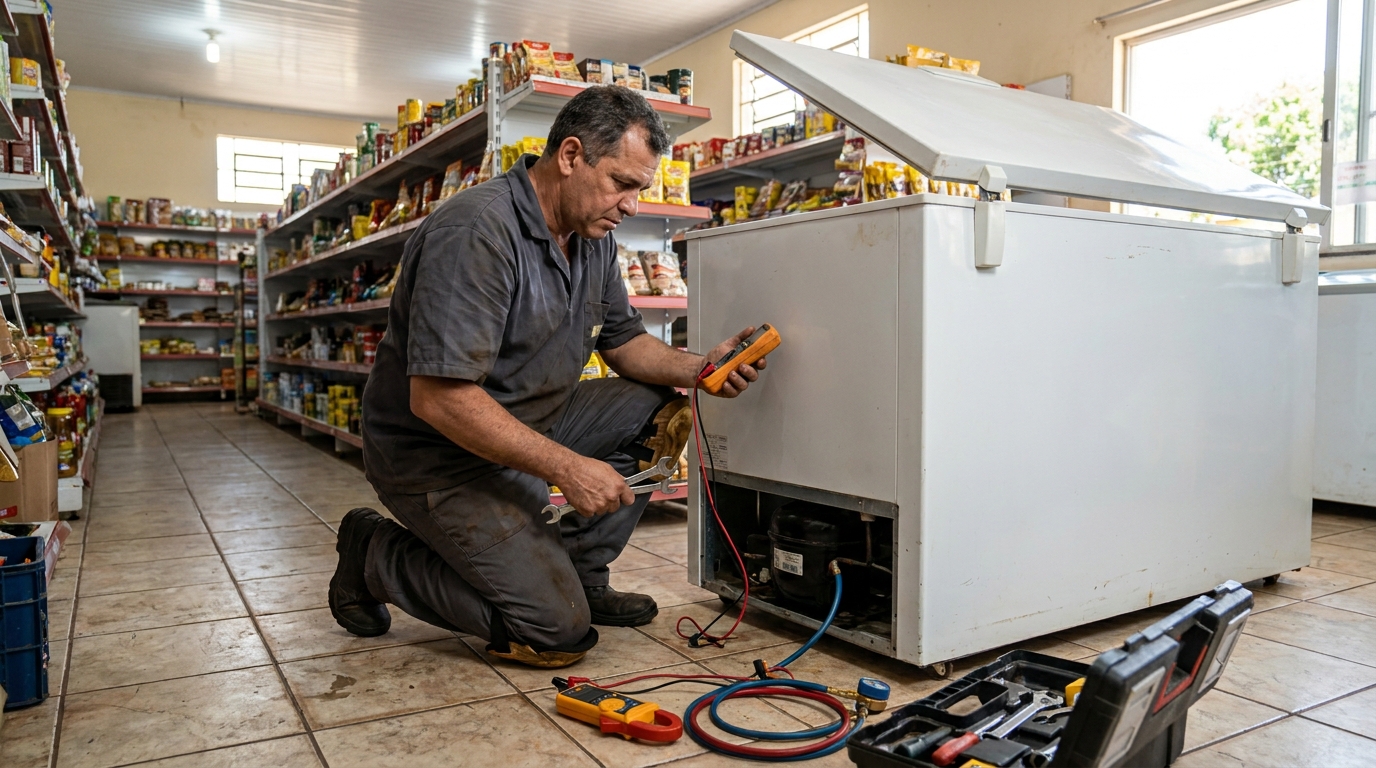 Troca de termostato de freezer em atendimento técnico em Canoas‑RS